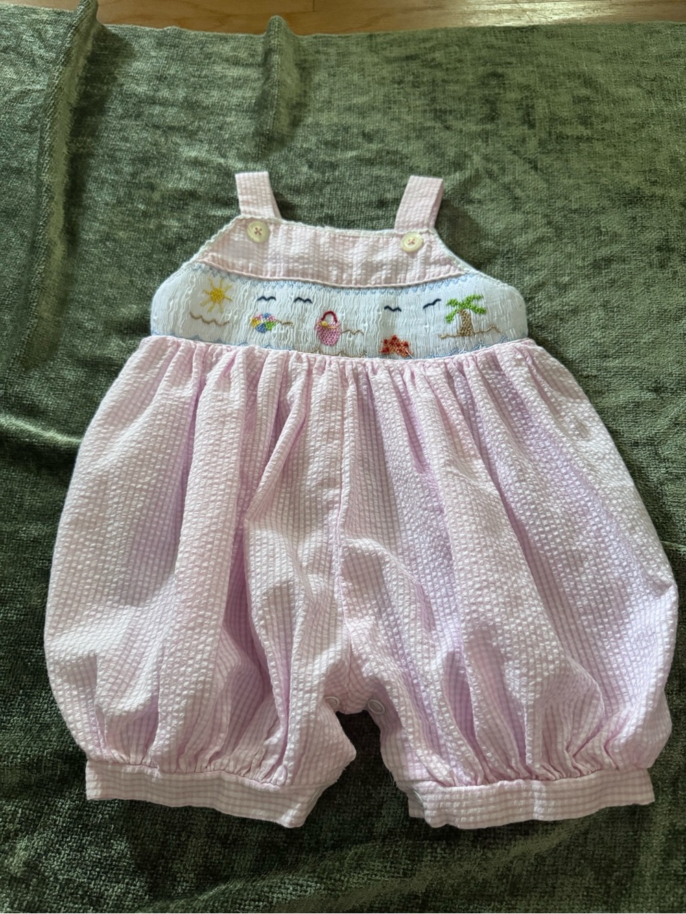 Carriage Boutique Light Pink Smocked Seersucker Romper with Beach Embroidery